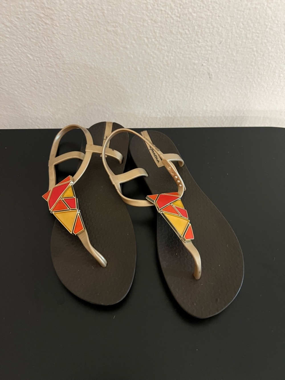 Ipanema Black Sandals with Red & Yellow Geometric Accents Size 8